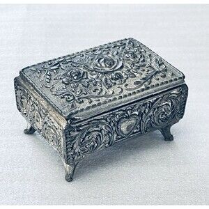VTG Floral Silver Tone Metal Footed Trinket Jewelry Box Red Velvet Lined Hearts